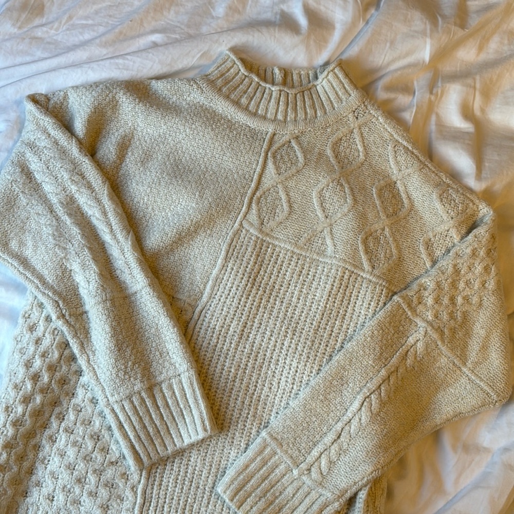 American Eagle Outfitters High Neck Knit Cream Pattern Sweater